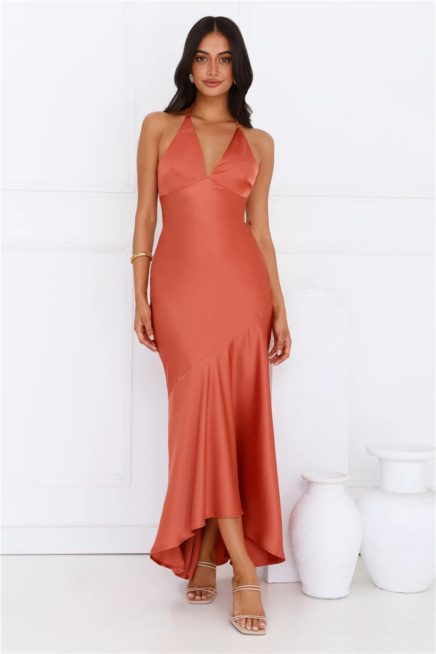 She Is Sublime Halter Satin Maxi Dress Brick