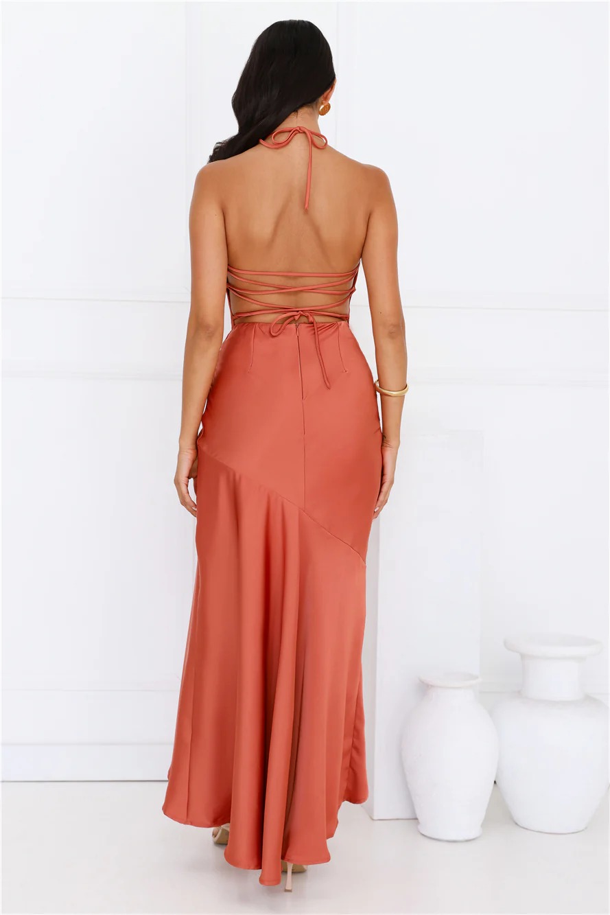 She Is Sublime Halter Satin Maxi Dress Brick