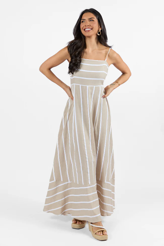 Come Sail Away Neutral Striped Maxi Dress