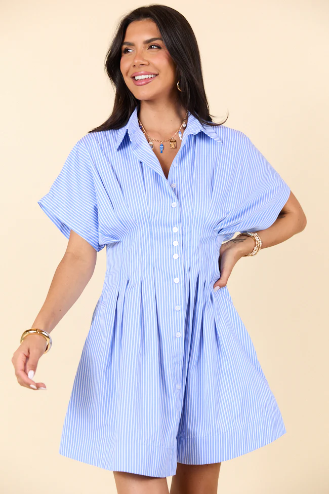 Meet Me In Athens Blue Stripe Cinched Waist Mini Dress
