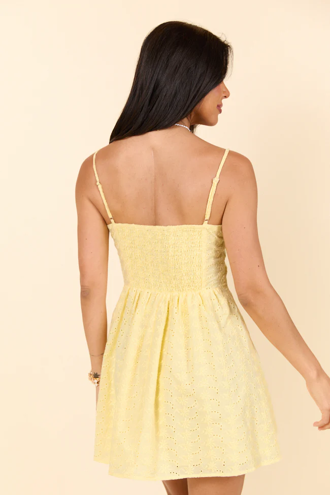 First Look Yellow Eyelet Button Front Dress