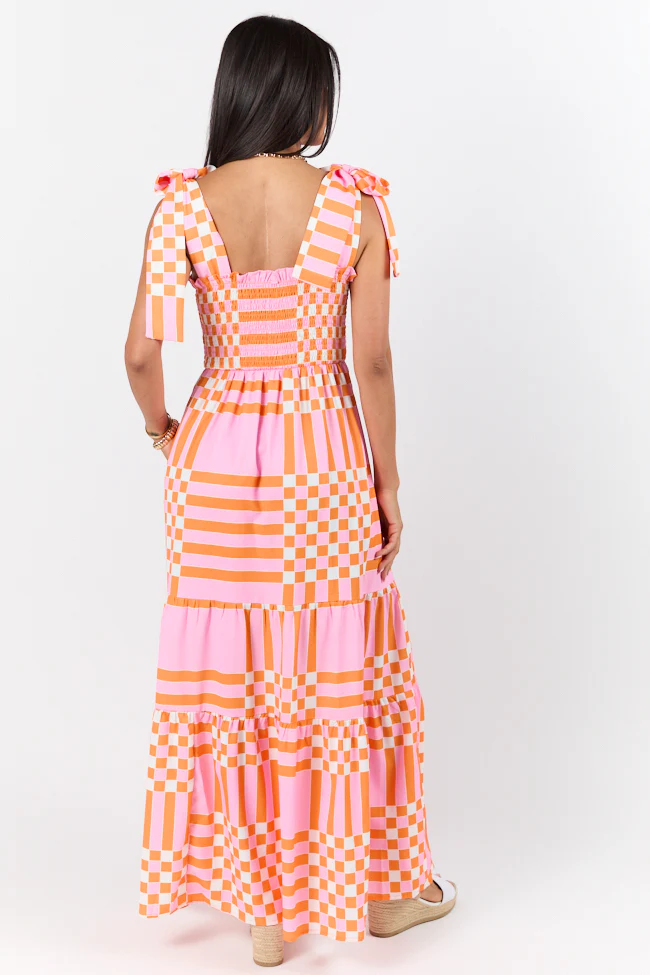Get The Check Pink and Orange Printed Checkered Maxi Dress