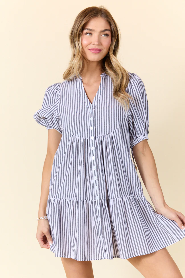 Faith In You Grey Striped Collared Mini Dress
