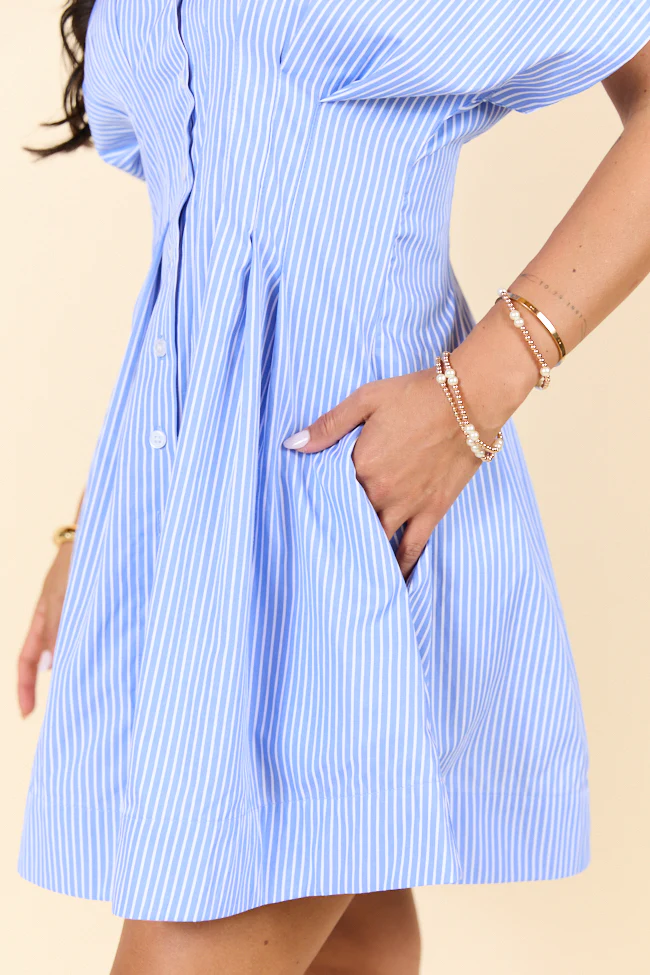 Meet Me In Athens Blue Stripe Cinched Waist Mini Dress