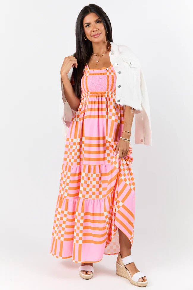 Get The Check Pink and Orange Printed Checkered Maxi Dress