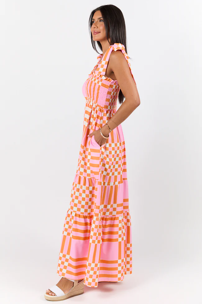 Get The Check Pink and Orange Printed Checkered Maxi Dress