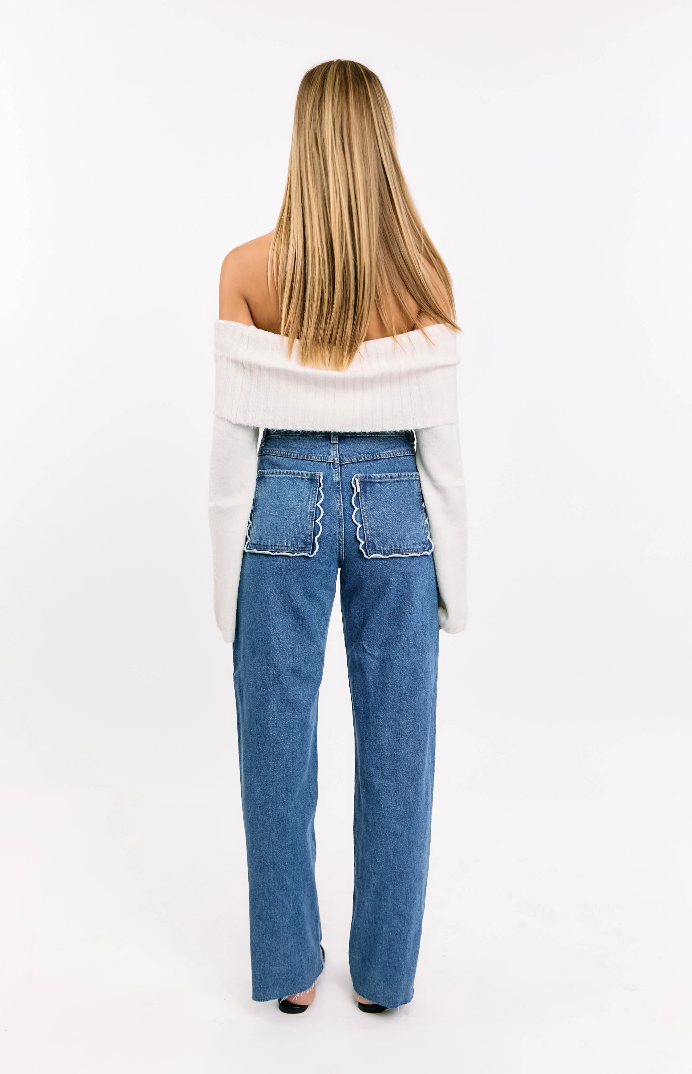 Kansis Mid Wash Scallop Pockets Uneven Waist Jeans