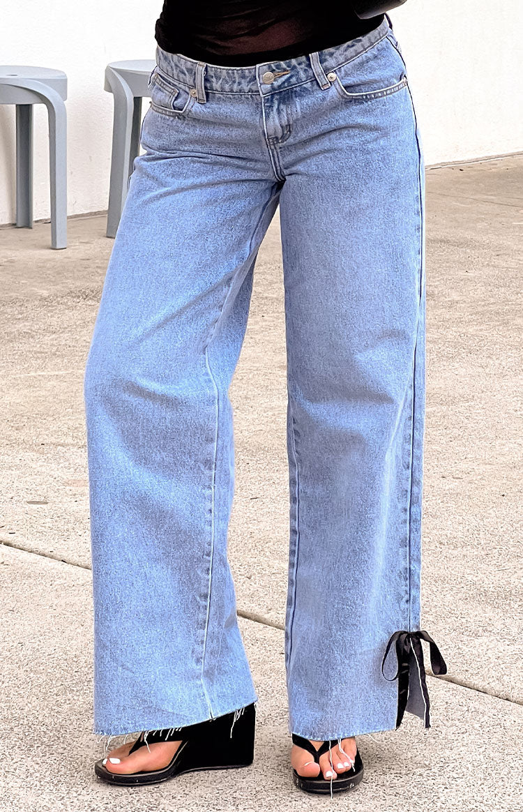 Willabelle Light Wash Denim Bow Hem Low Rise Jeans