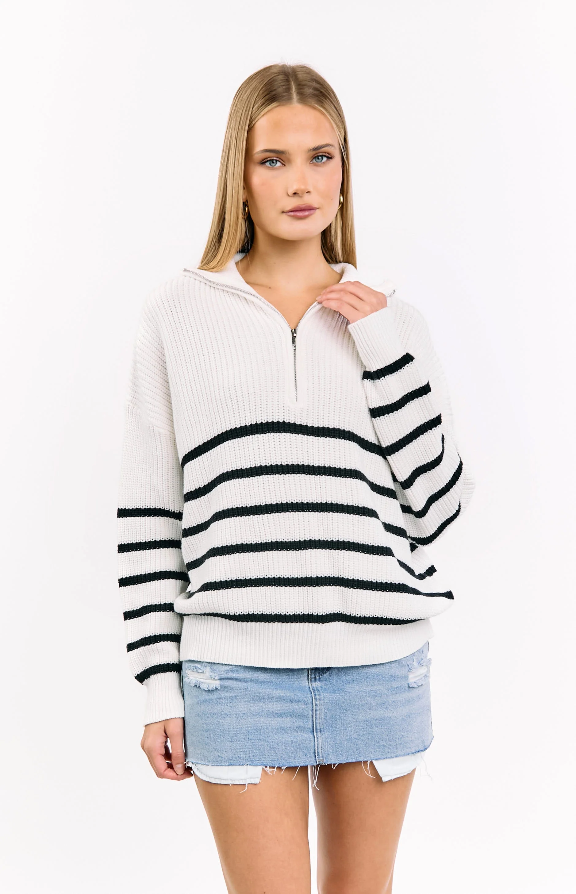 Copenhagen Cream Stripe Quarter Zip Knit Jumper