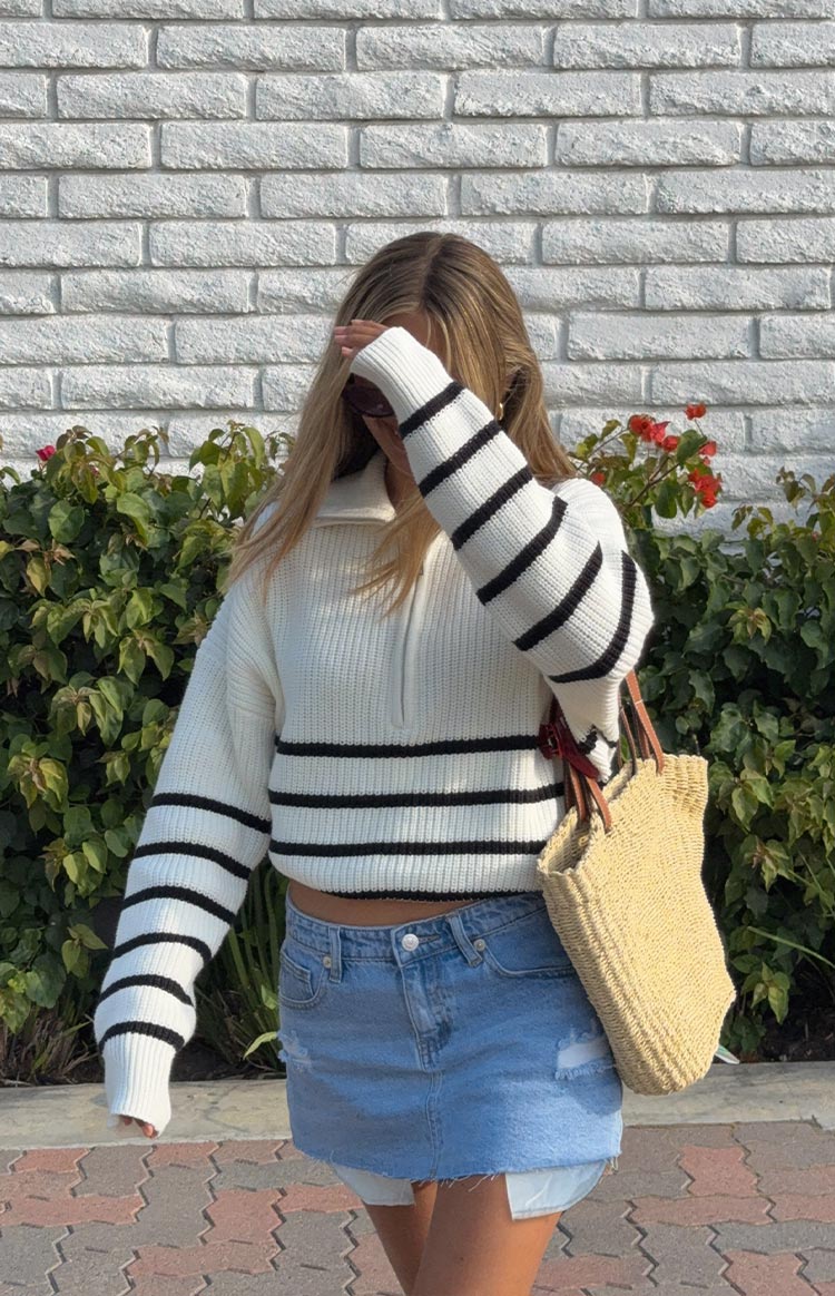 Copenhagen Cream Stripe Quarter Zip Knit Jumper