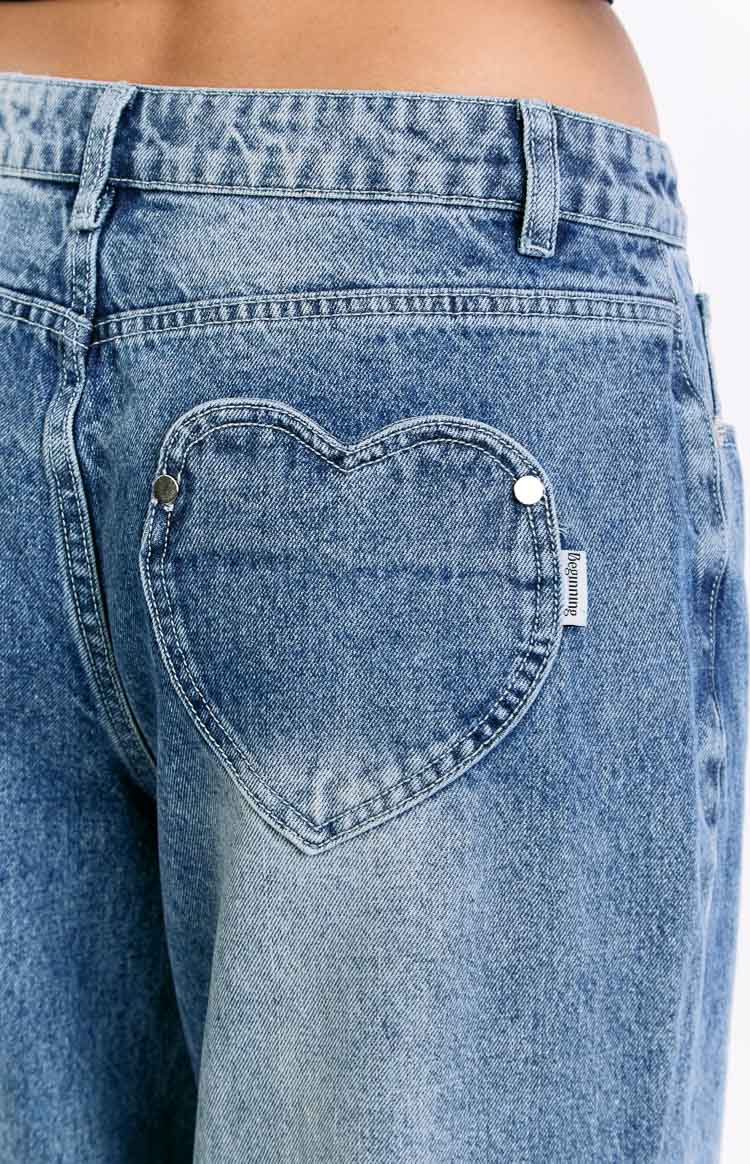 Lovers Lane Mid Wash Denim Heart Pocket Slouchy Jeans