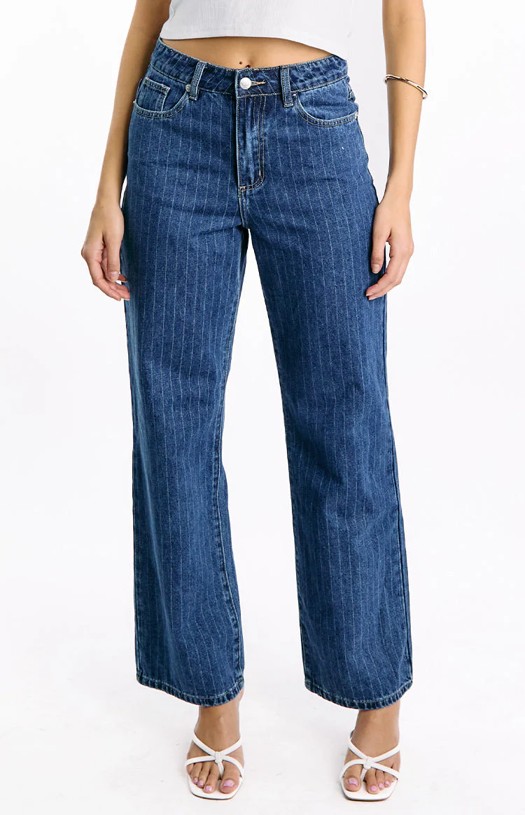 Calliope Pinstripe Mid Wash Mid Rise Slouchy Jeans