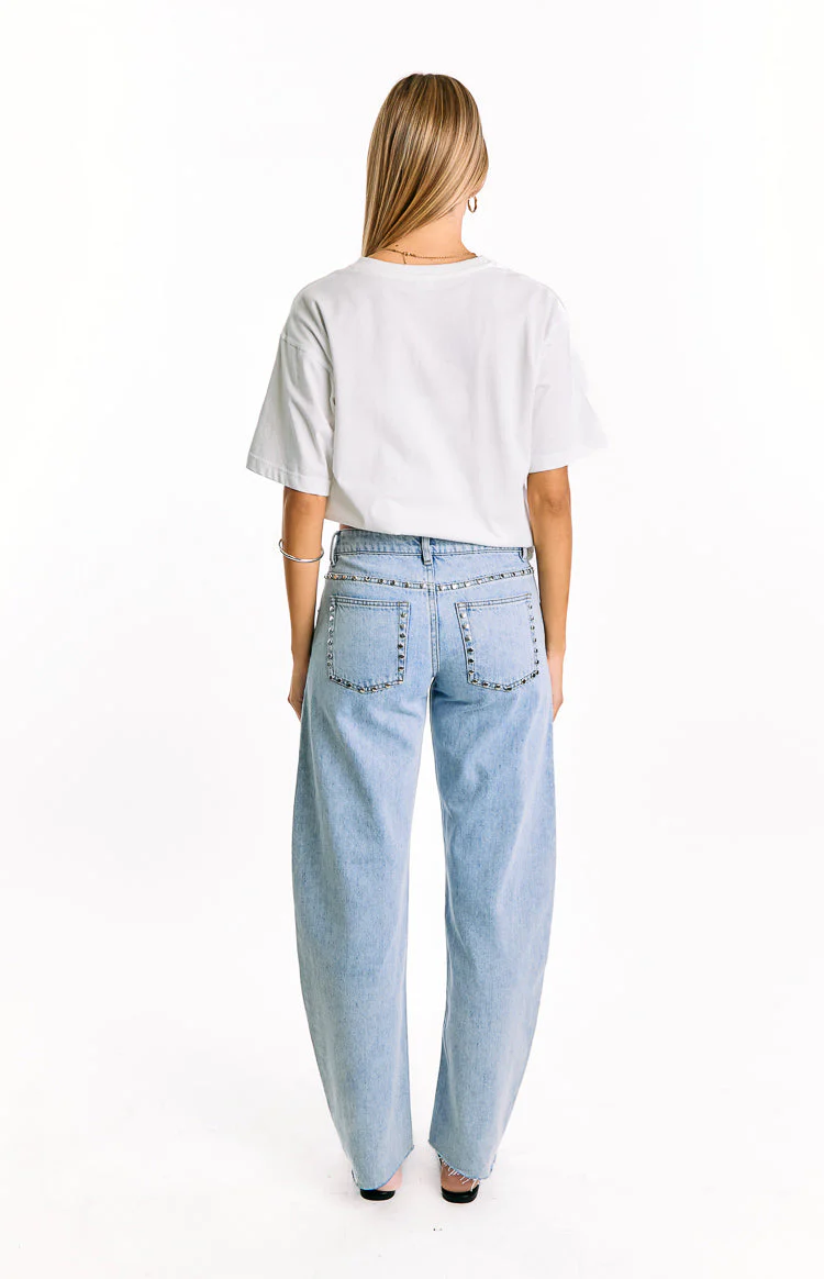 Jannina Light Wash Denim Studded Low Rise Jeans