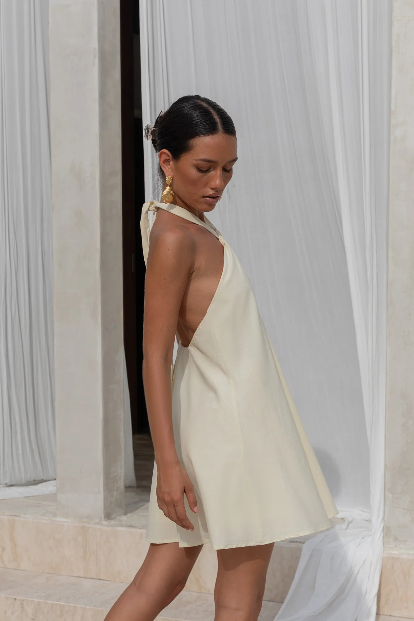 Coconut Sips Halter Mini Dress Yellow