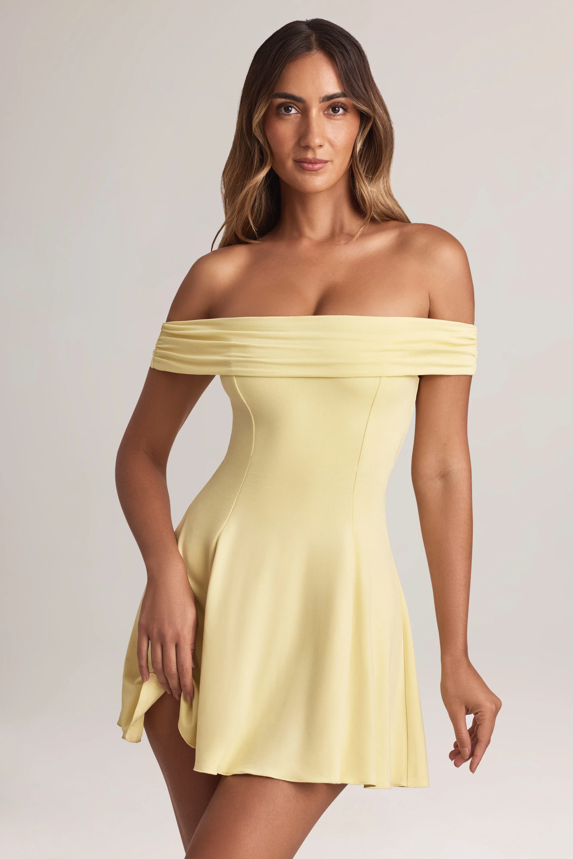 Modal Off-Shoulder A-Line Mini Dress in Lemon Sherbet