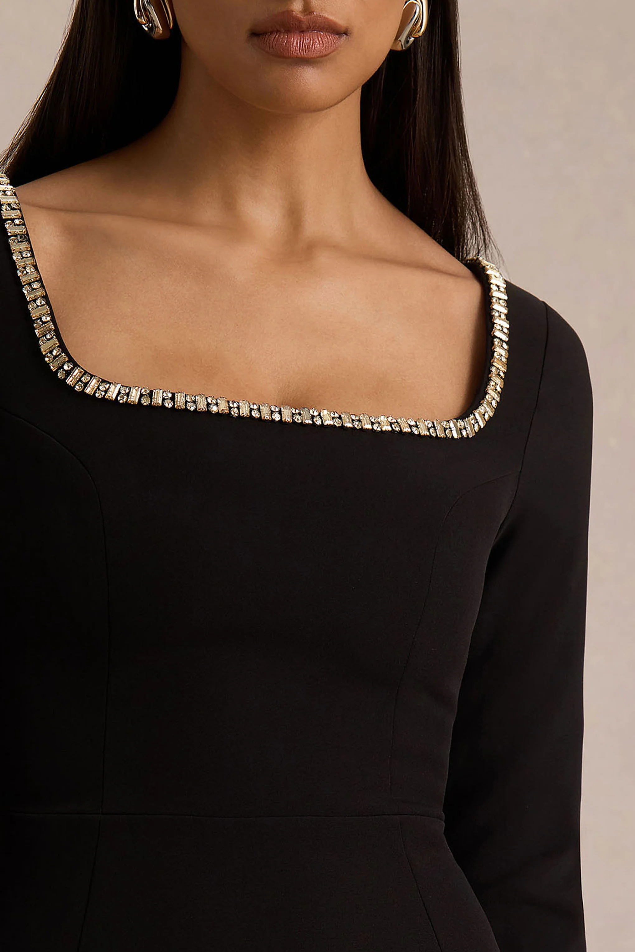 Caia | Black Embellished Square-Neck Mini Dress