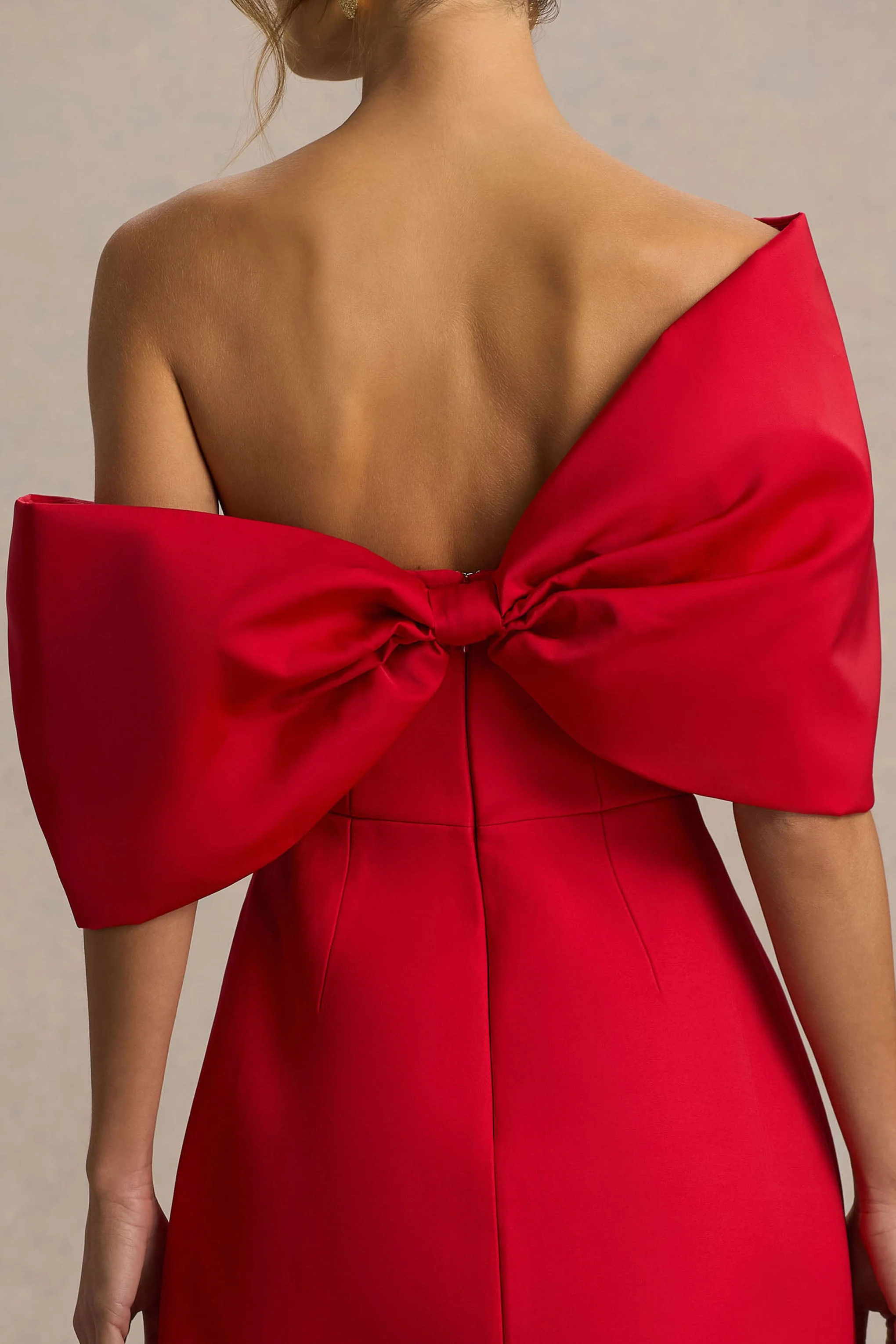Tindra | Red Bandeau-Neck Mini Dress With Bow Sleeves
