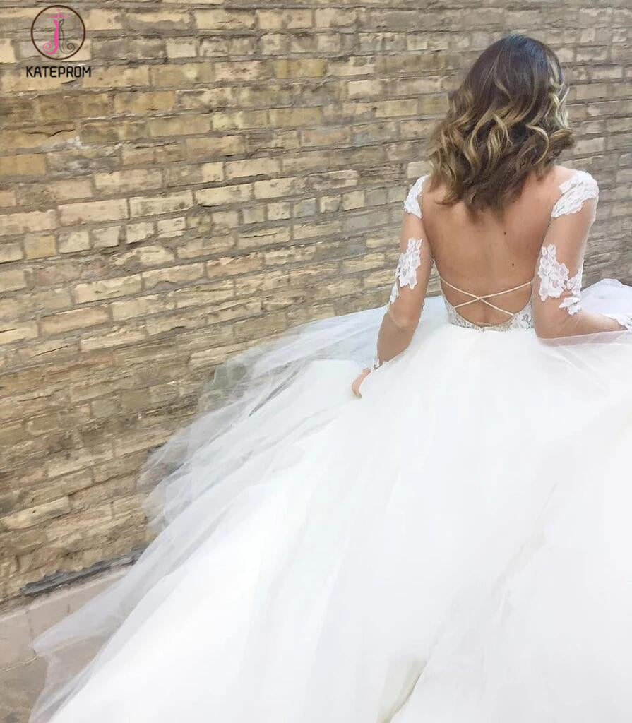 Ivory Sheer Long Sleeves Lace Tulle Backless Beach Wedding Dress,Bridal Gowns 2019 KPW0170