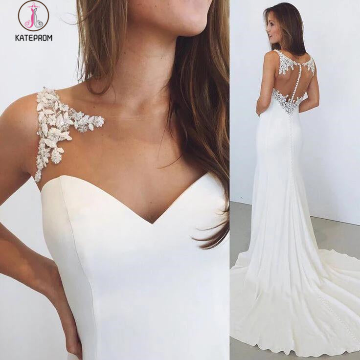 White Sheath Bateau Sleeveless Court Train Wedding Dress with Lace Illusion Back KPW0152