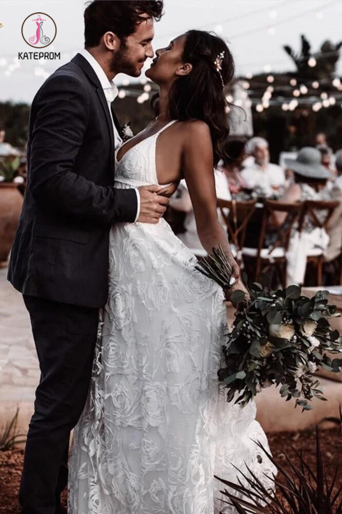 Straps Long Lace Wedding Dresses, Charming Lace Beach Wedding Dresses KPW0461