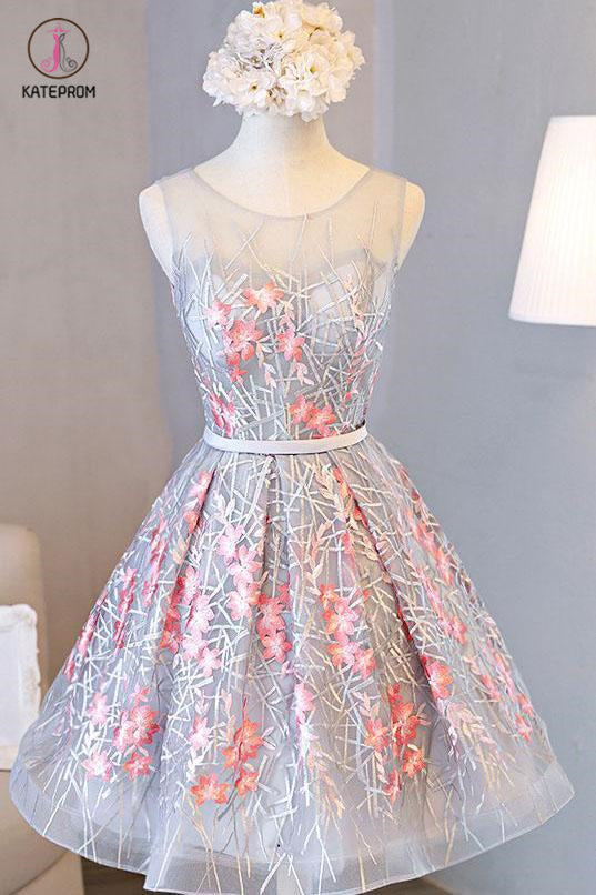 Appliqued A line Tulle Lace Short Prom dress,Sleeveless Homecoming Dresses with Belt KPH0233