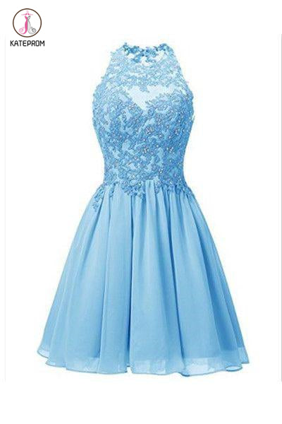 Sky Blue Jewel Sleeveless Chiffon Homecoming Dress with Beads,Applique Backless Prom Dress KPH0246