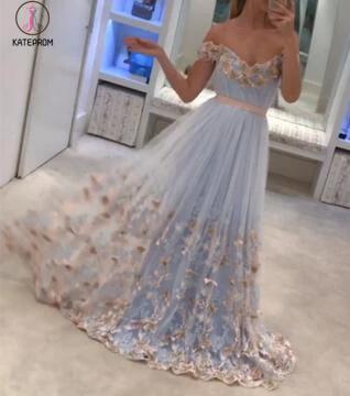 A-line Off-the-shoulder Appliques Sweep Train Tulle Prom Dress with Sash Flowers KPP0292