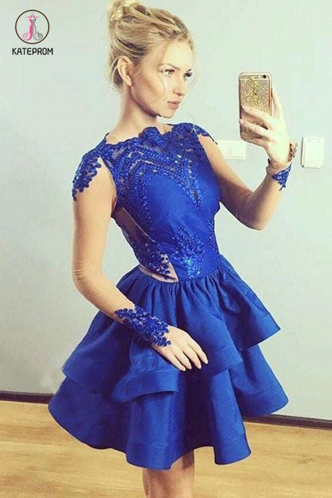 Tiered Long Sleeves Royal Blue Satin Homecoming Dress with Appliques,Mini Prom Dress KPH0239