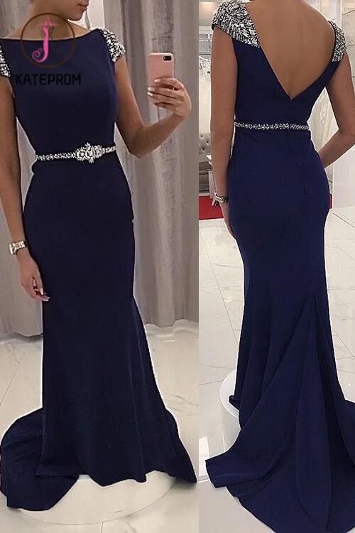 Navy Blue Sequined Fitted Cap Sleeve Prom Gown,Mermaid Prom Dress,Formal Gown KPP0188