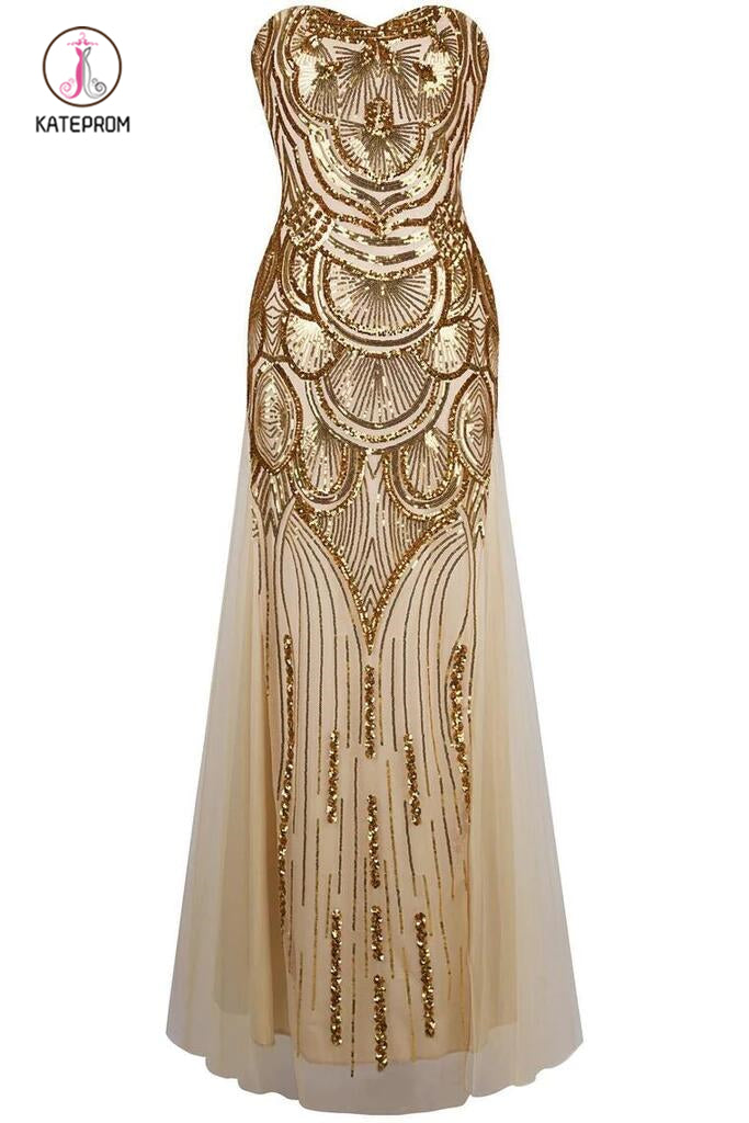 Floor Length Sweetheart Tulle Prom Dress with Sequins, Strapless Formal Dresses KPB0133