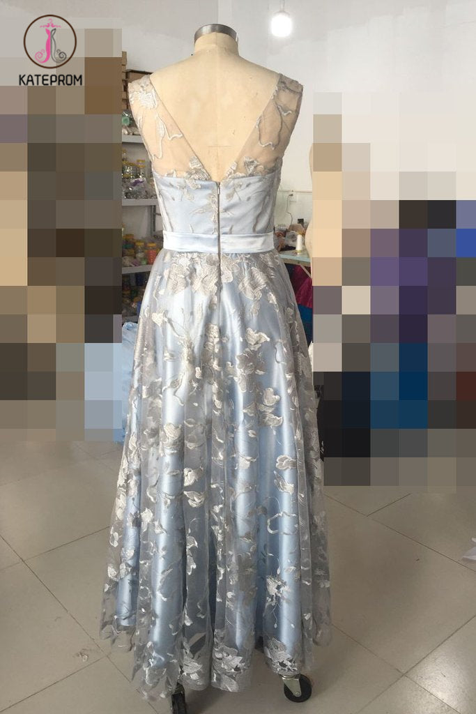 Light Blue Sleeveless Prom Dress with Lace, Lace Floor Length Evening Dresses KPP0536