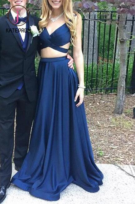 Dark Blue Two Pieces Prom Dress,V Neck Evening Dress,Open Back Party Dress,Formal Dresses KPP0170