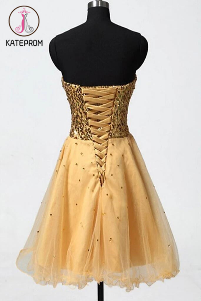 Gold Sweetheart Beaded Backless Back Up Lace Homecoming Dresses KPH0031