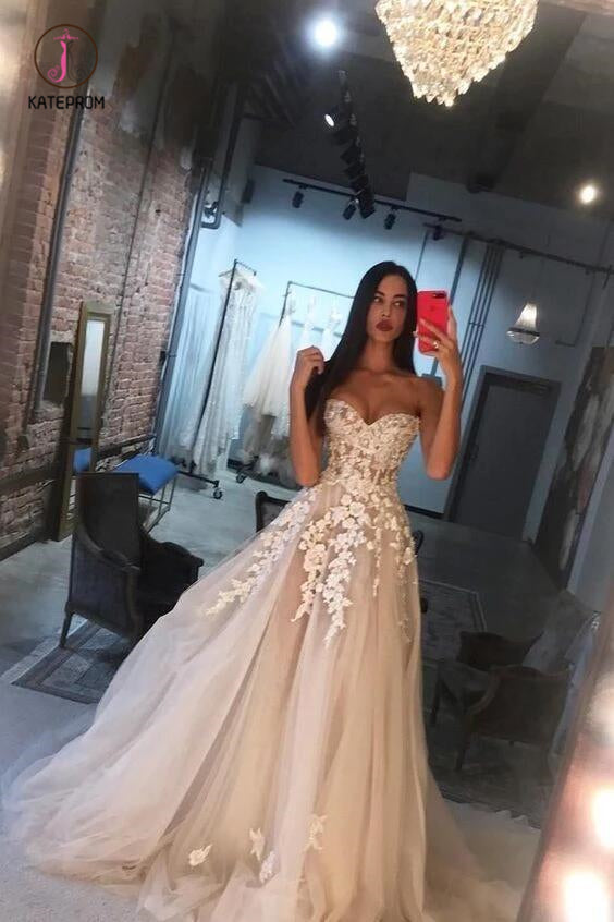 Elegant A Line Sweetheart Tulle Lace Applique Ivory Wedding Dress, Long Prom Dress KPW0350
