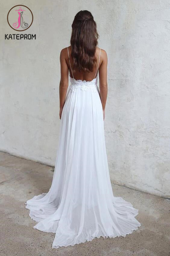 Spaghetti Strap V-neck White Chiffon Lace Appliqued Summer Beach Wedding Dresses,Bridal Dress KPW0055