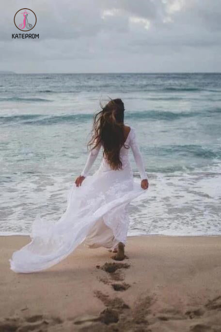 Ivory Long Sleeve Rustic Bridal Dresses Backless Sheath Beach Wedding Dress KPW0451