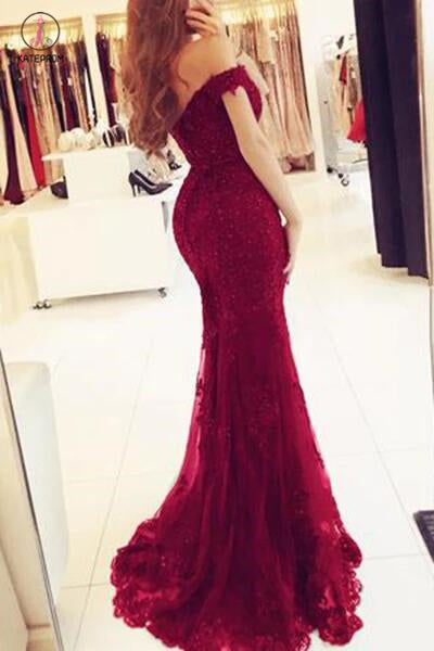 Elegant Burgundy Mermaid Off the Shoulder Beaded Lace Appliques Evening Dresses KPP0382