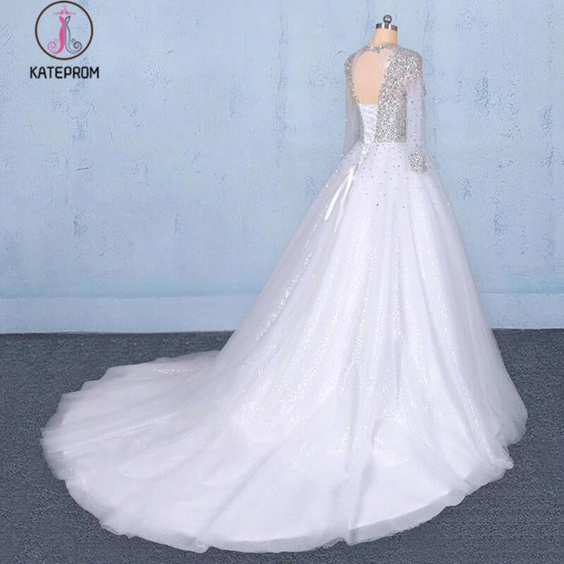 Puffy Long Sleeves Tulle White Wedding Dress, Shiny Long Bridal Dresses KPW0487