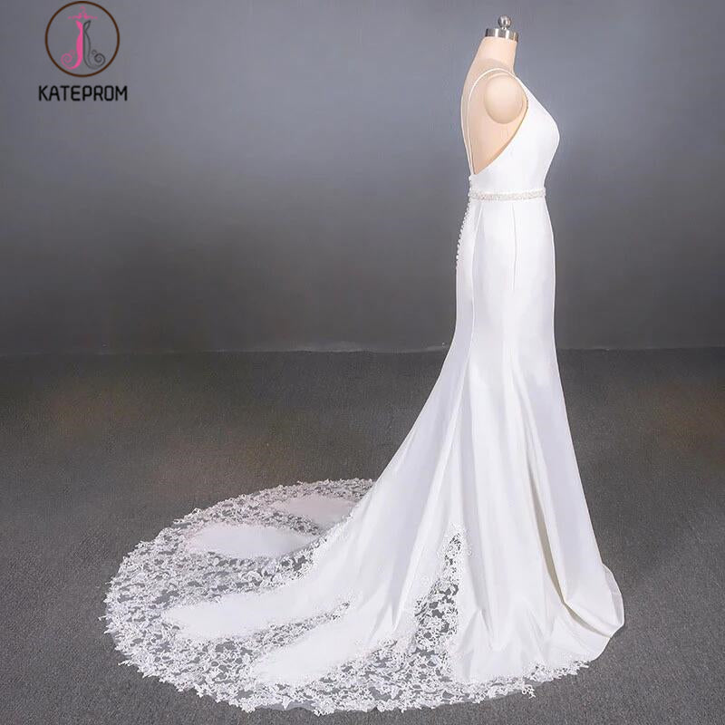 Simple Mermaid Sleeveless Wedding Dress with Lace, Sexy Backless Bridal Dress KPW0497
