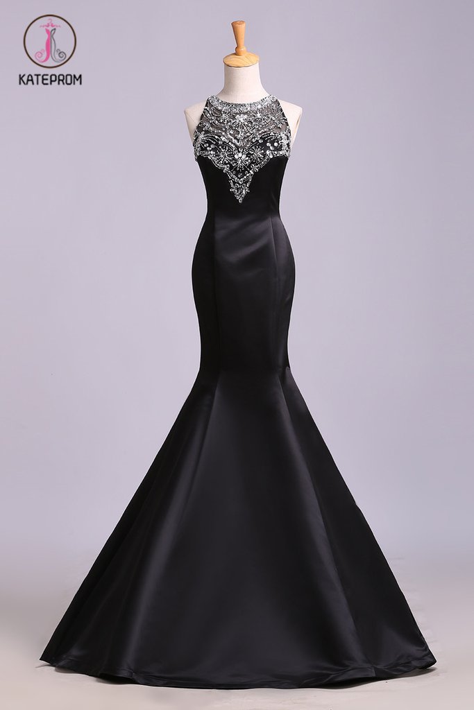 Black Mermaid Sleeveless Beaded Satin Prom Dress, Long Evening Dresses KPP0570