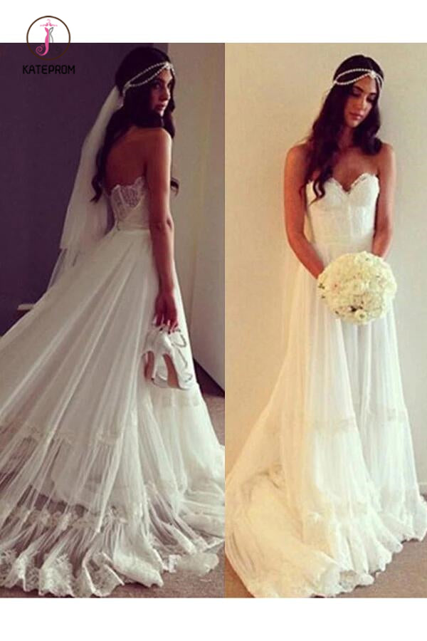 Boho Sweetheart Lace Appliques A Line Ivory Wedding Dress, Beach Wedding Dress KPW0435