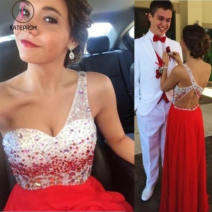Red One Shoulder A-Line Rhinestone Bodice Chiffon Long Bridesmaid Dress,Prom Gown KPB0100