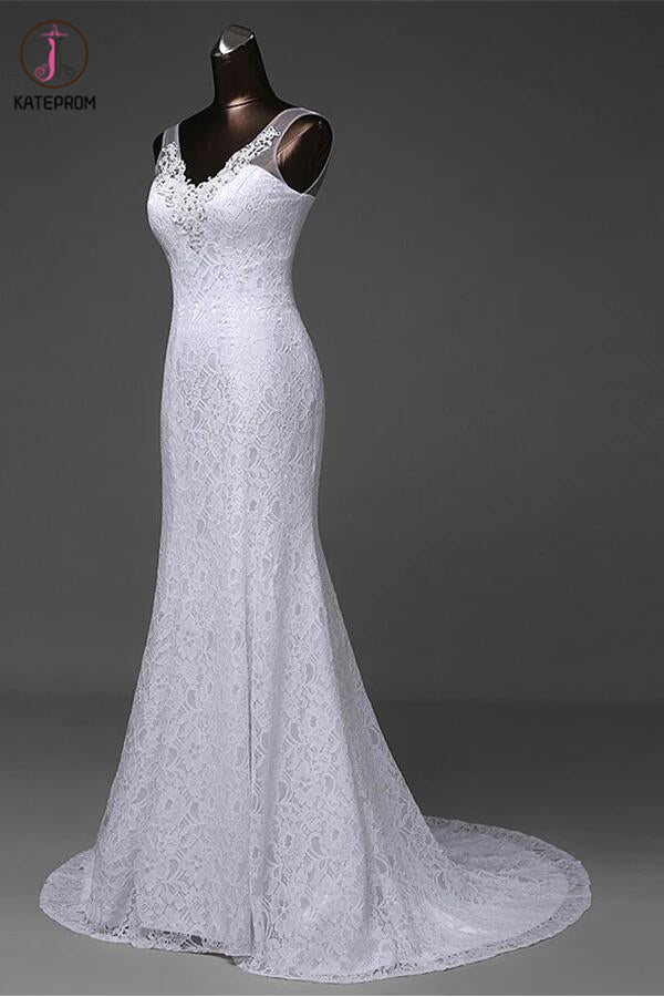 Mermaid V-neck Sweep Train Lace Wedding Dress with Beading KPW0016