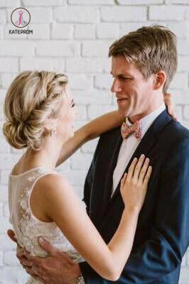 Floor Length V Neck Lace Applique Beach Wedding Dress, Puffy Tulle Wedding Gown KPW0344