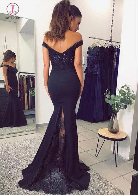 Navy Blue Off The Shoulder Mermaid Stretch Evening Dresses with Lace Beads KPP0383