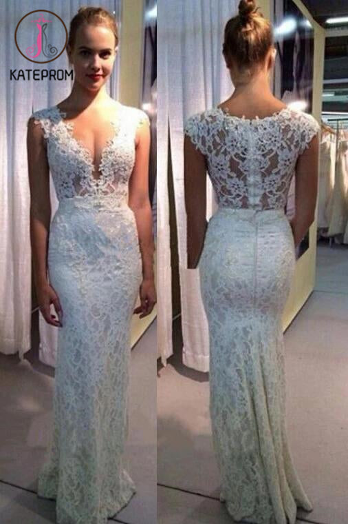 V-neck Wedding Dress,Mermaid Lace Sleeveless Wedding Gown,Ivory Sexy Beach Wedding Dresses KPW0049