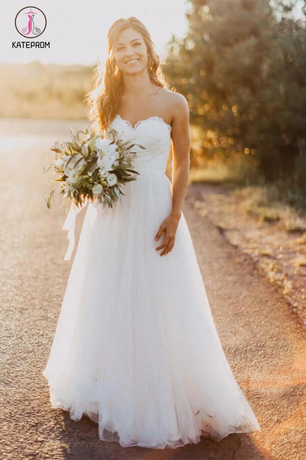Sexy Sweetheart White Tulle Backless Beach Wedding Dress with Lace,Long Bridal Dresses KPW0088