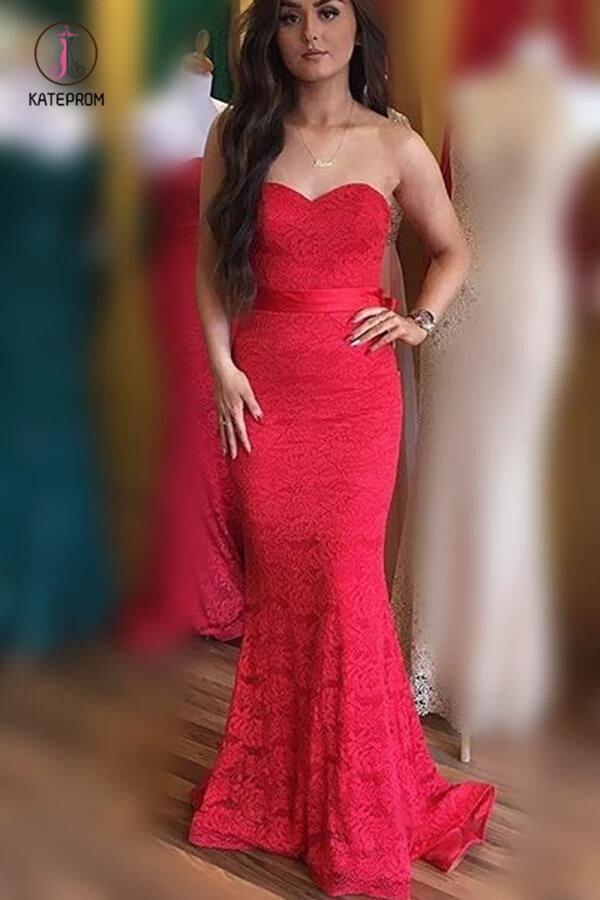 Elegant Sweetheart Mermaid Red Lace Long Prom Dress with Sash, Bridesmaid Dress KPB0113