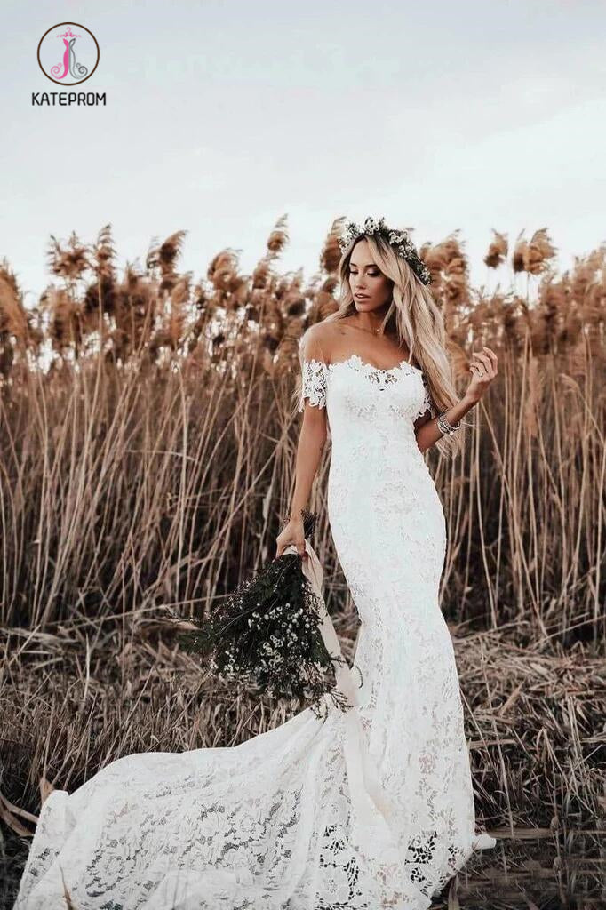 Mermaid Off the Shoulder Lace Beach Wedding Dress, Long Rustic Wedding Dresses KPW0445