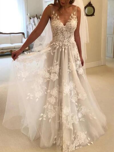 Fabulous Tulle A-line V-neck Floor Length Lace Wedding Dresses With Appliques KPW0134